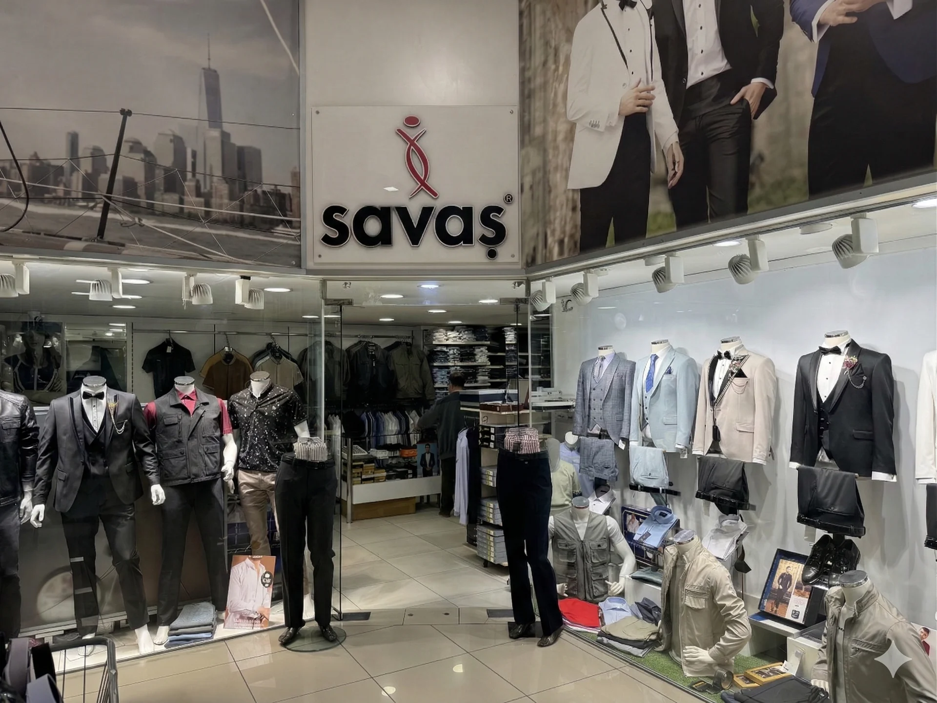 Savaş Giyim mağaza girişi ve vitrini, damatlık ve takım elbise mankenleri
