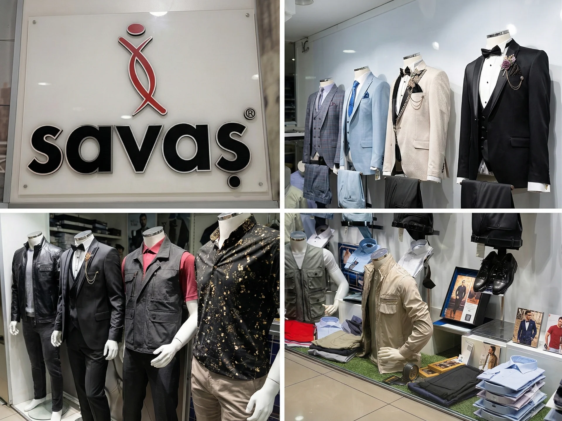 Savaş Giyim tabelası, damatlık askısı ve vitrin detayları