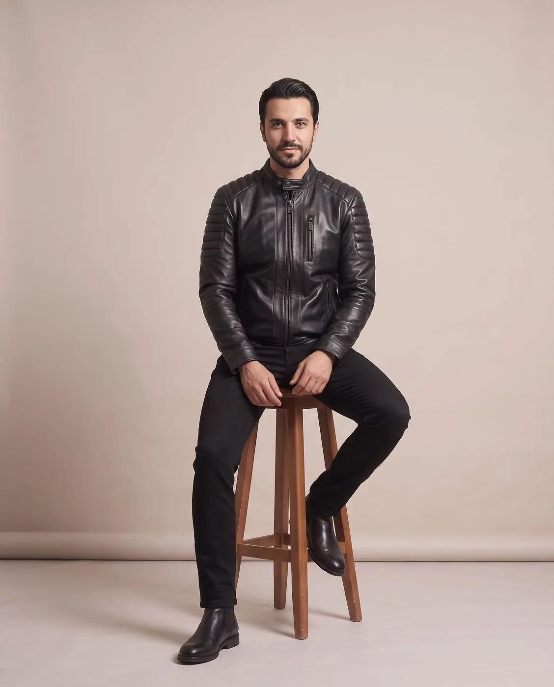 Siyah Biker Hakiki Deri Mont