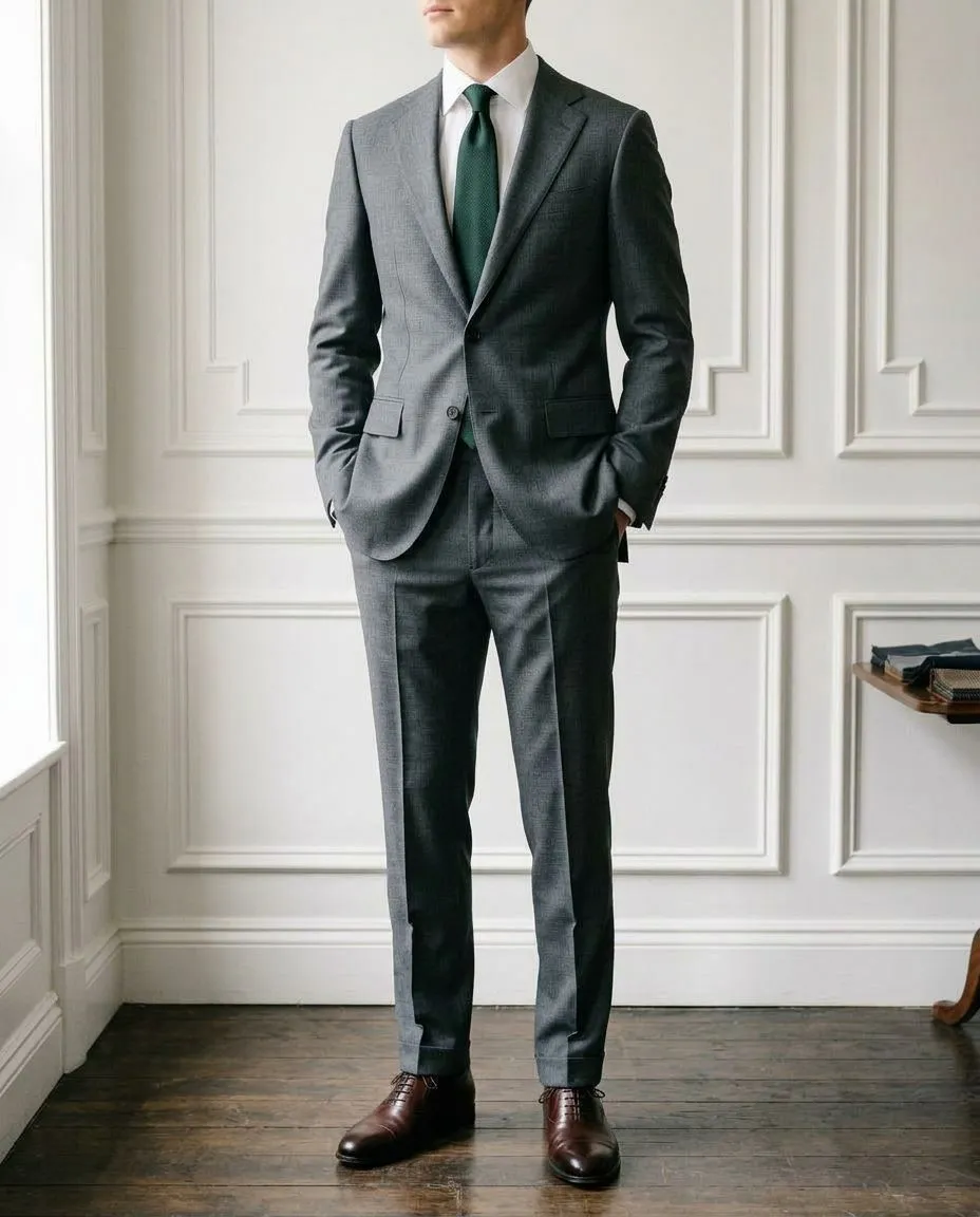 Gri Modern Fit Takım Elbise — Yeşil Kravat